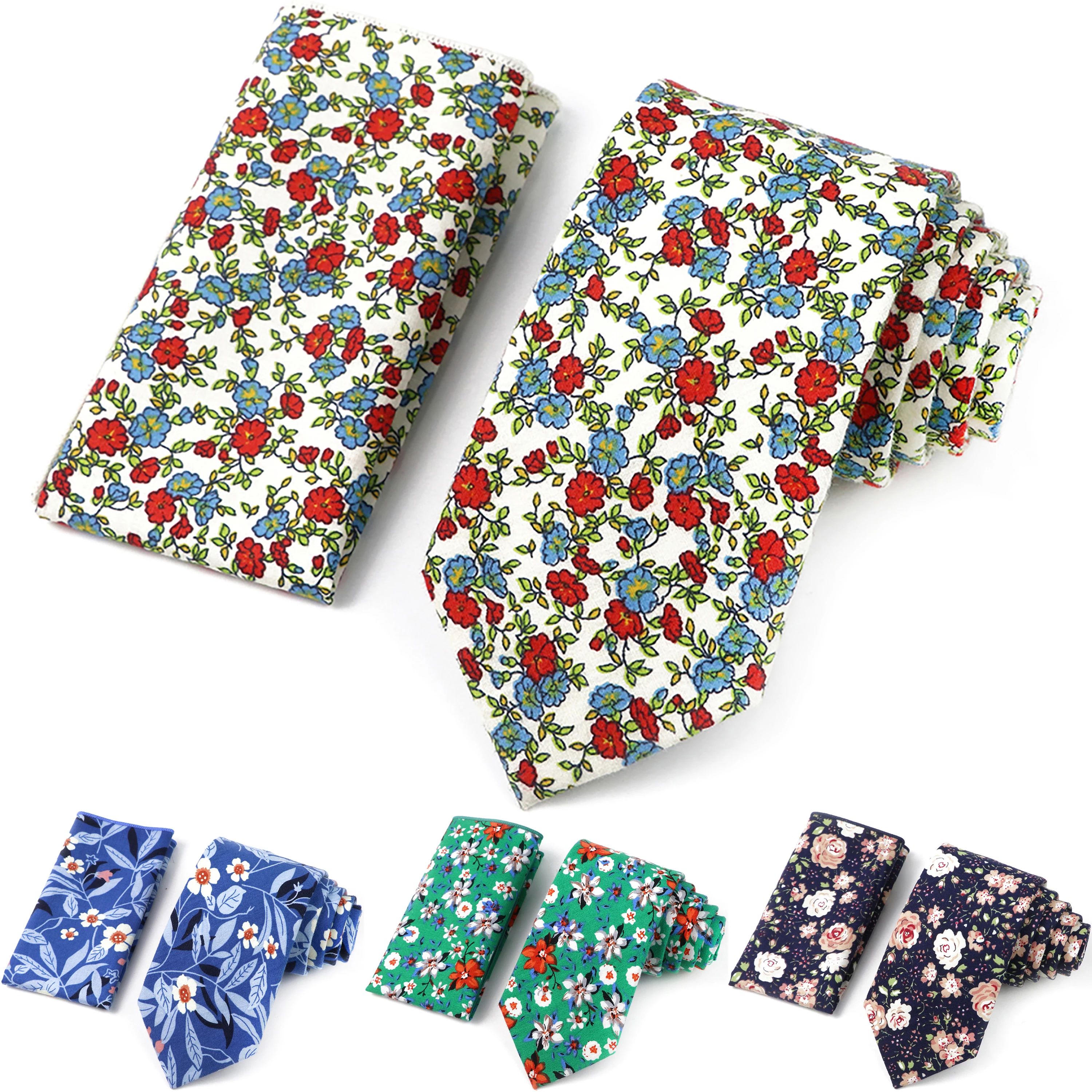 Novelty Floral Cotton Ties For Men Skinny Casual Narrow Cravat Tie Pocket Square Suit Set Wedding Party Daily Wear Accessories