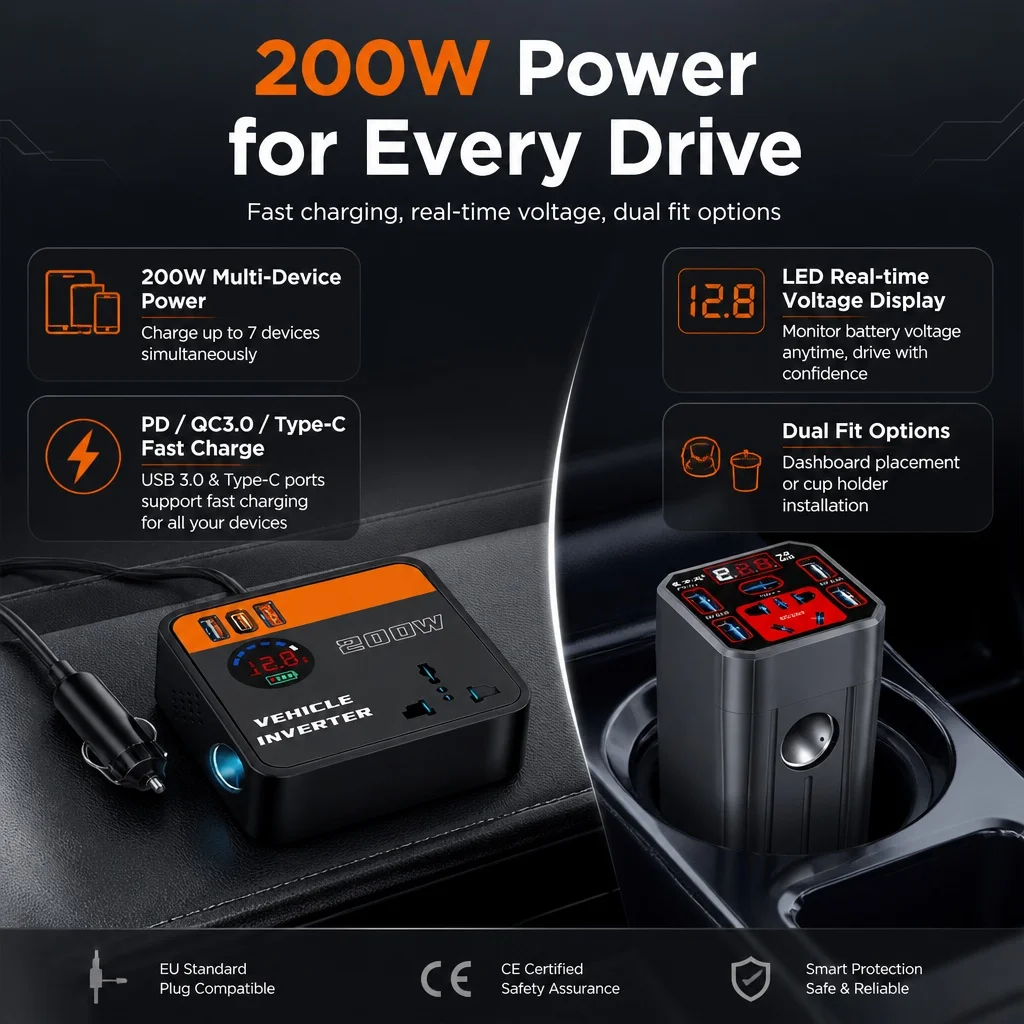 Car Power Inverter, 12V/24V Universal to 220V, Automotive Power Socket, Intelligent Charging Inverter Converter for Cars & Truck