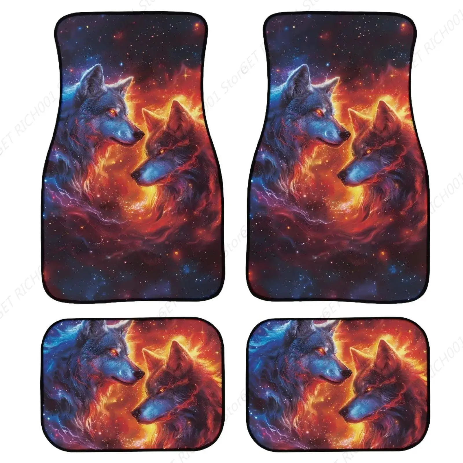 Wolf Galaxy Blue Red Car Floor Mats Heavy Duty Rubber Car Mats 4 Pieces Car Mat Set, Universal Waterproof Auto Floor Mats