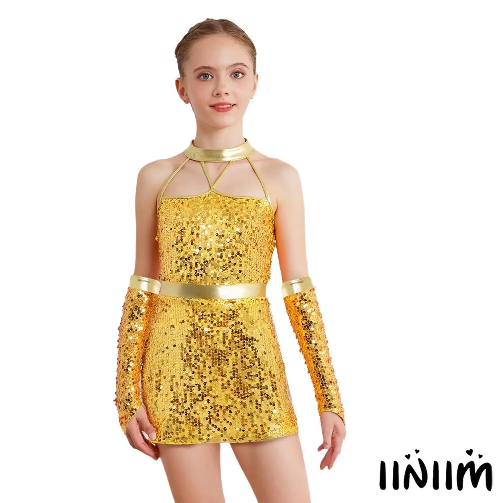 

Kids Girls Jazz Dance Performance Costume Halter Strappy Sleeveless Back Invisible Zipper Sparkling Sequins Dress+1 Pair Gloves