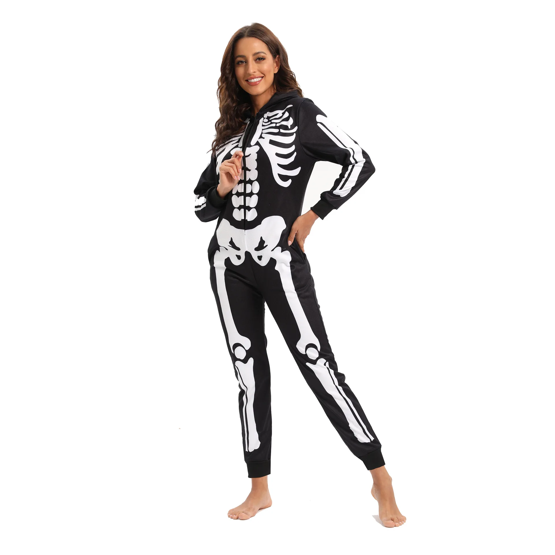 Women Onesies Long Sleeve Jumpsuits Sleepwear Hooded Pajamas Adult Halloween Black Skeleton Print Pyjamas