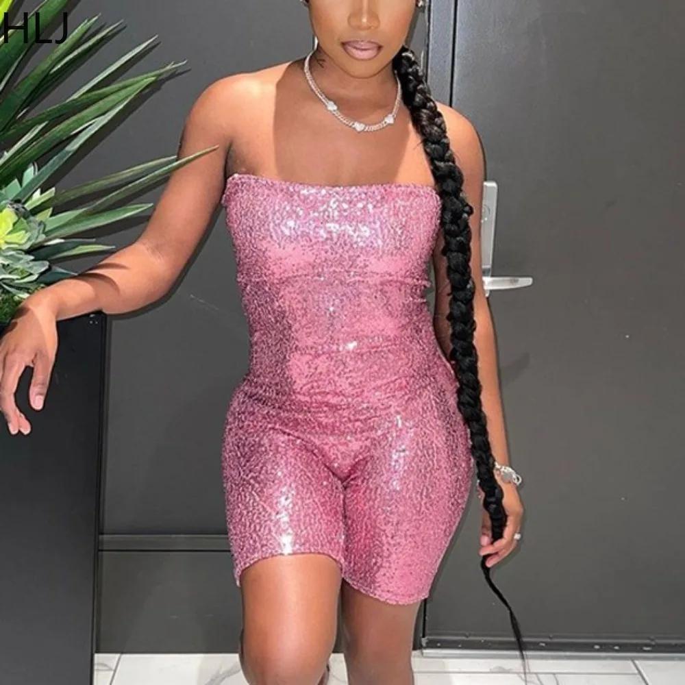 

HLJ Fashion Sequin Bodycon Party Club Tube Rompers Women Sleeveless Backless Slim One Pieces Jumpsuits Sexy Female Overalls 2024