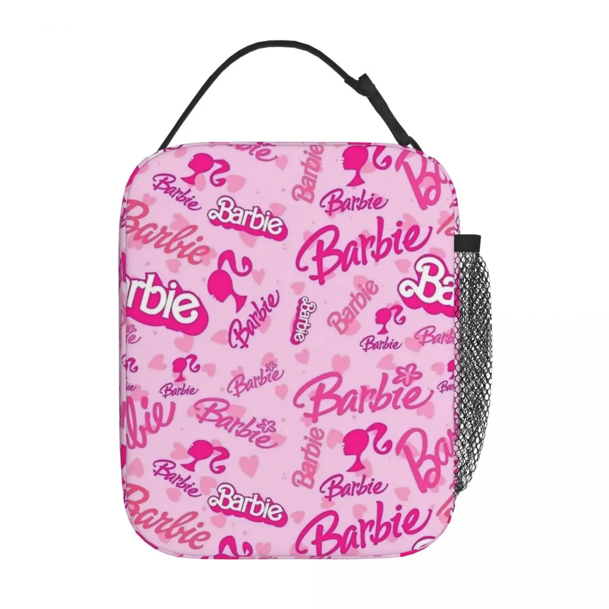 Barbie Logo Collage With Pink Hearts Insulated Lunch Bag High Capacity Reusable Thermal Bag Tote Lunch Box Work Travel Girl Boy