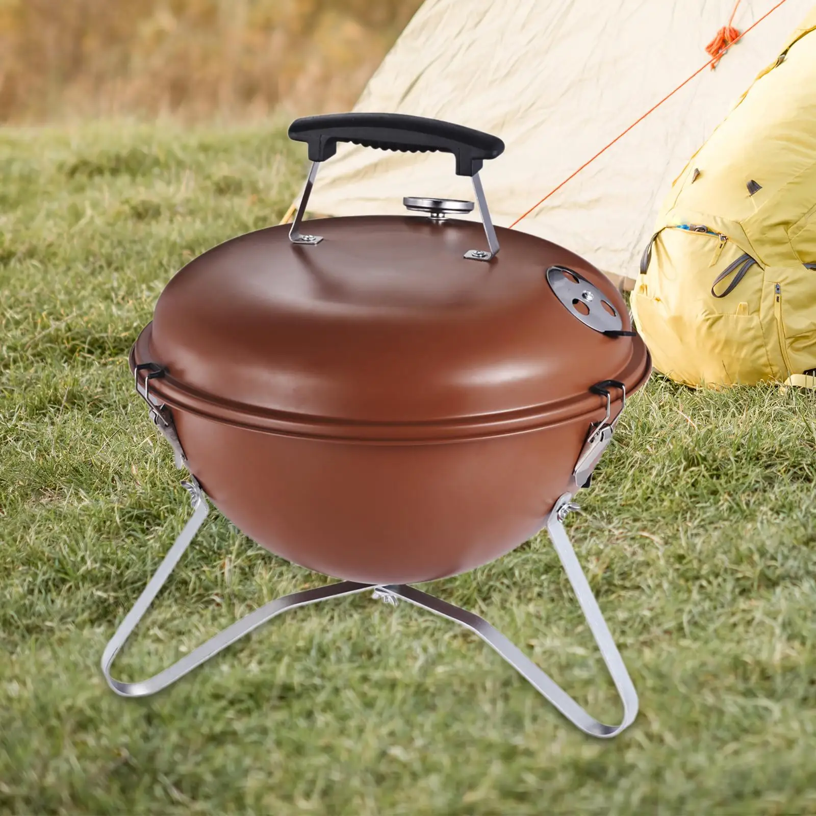 BBQ Grill Round Kettle Integrated Thermometer Campfire Grill Cookware Cooking Grill Stoves for Hiking Picnic Backyard Garden