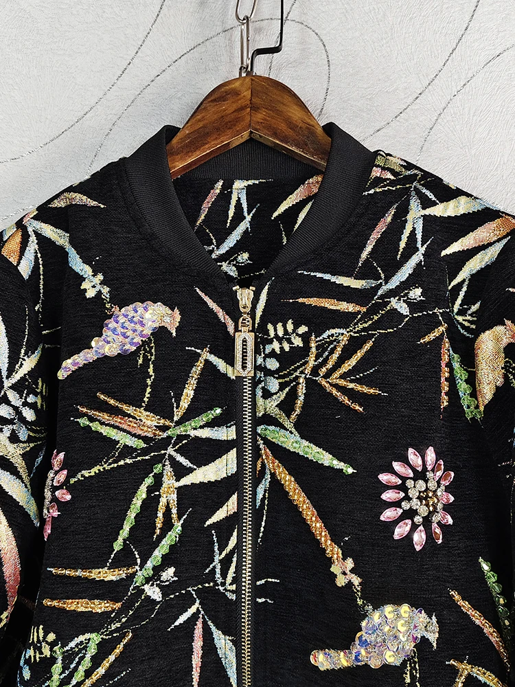 AELESEEN Autumn Winter Casual Jacket Women Runway Fashion Vintage Flower Printed Beading Crystal Beading Elegant Party Female