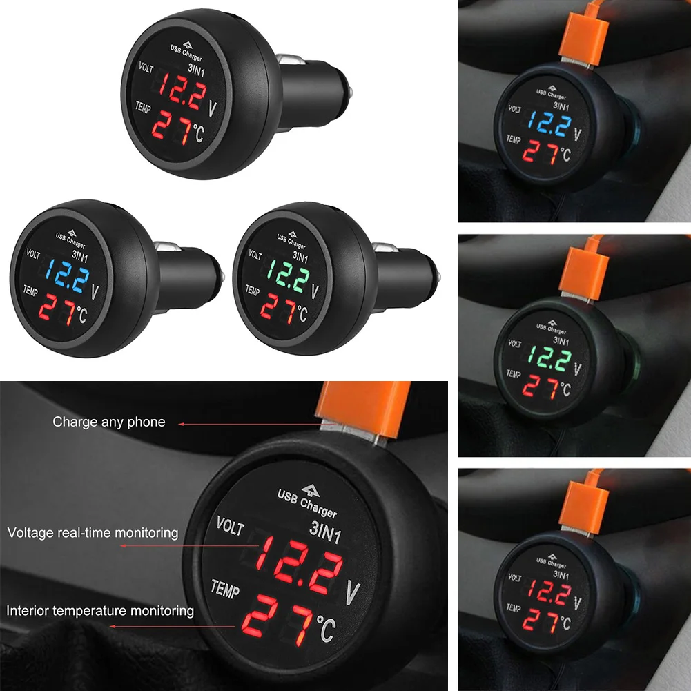 Digital LED Car Cigarette Lighter Voltmeter Thermometer Car Truck USB Charger 12V/24V Temperature Meter Voltmeter 3 in 1