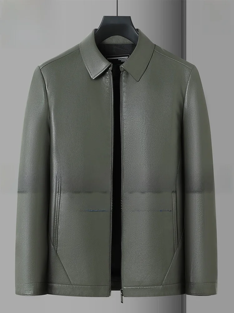 

Haaining Laoyeche Genuine Deerhide Leather Jaet Casual Mid-aged Men's Zipper Closure Busin Casual Sle ort Coat