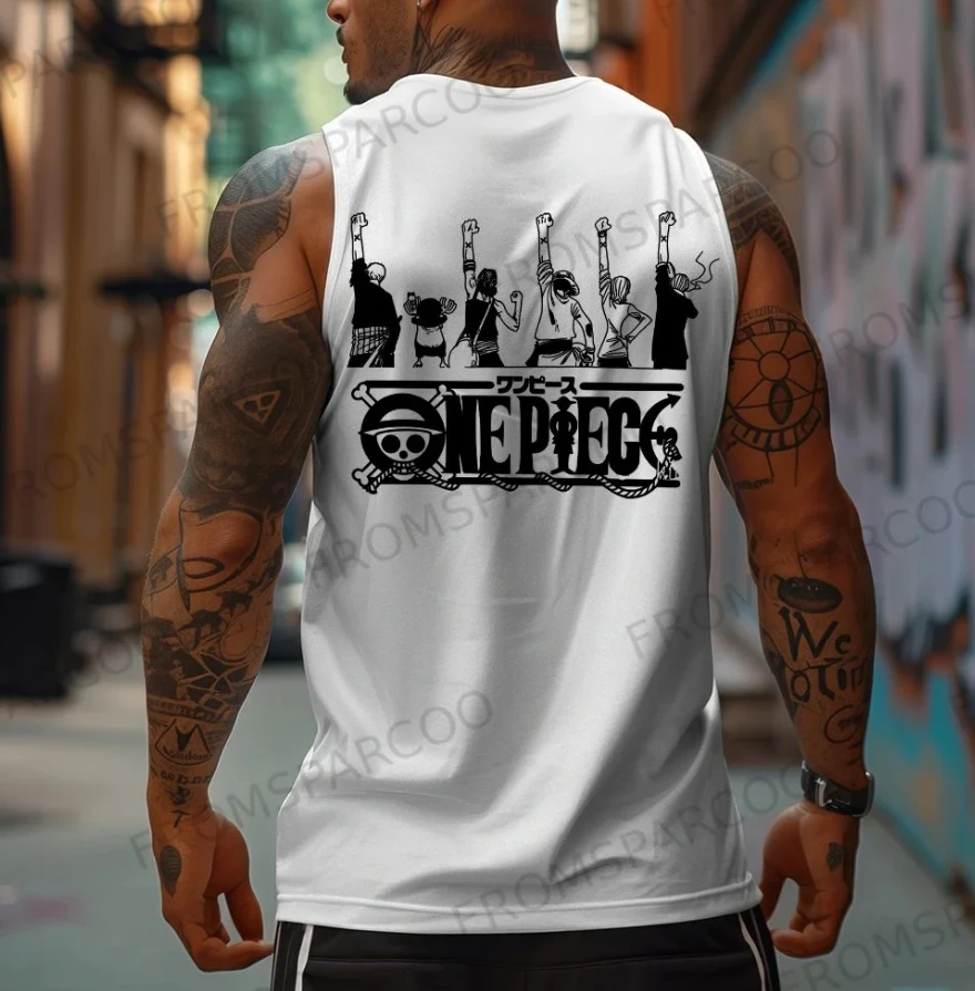 

One Piece official character printed men's sleeveless vest, retro anime street wear, gym vest T-shirt for daily decoration