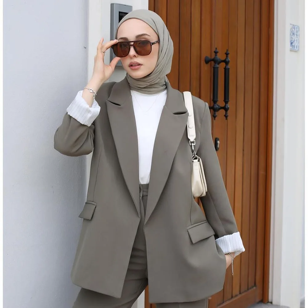 

Muslim High Quality Women's Suits Peak Lapel Single Breasted Blazer Formal Business Office Lady Full Set 2 Piece Jacket Pants