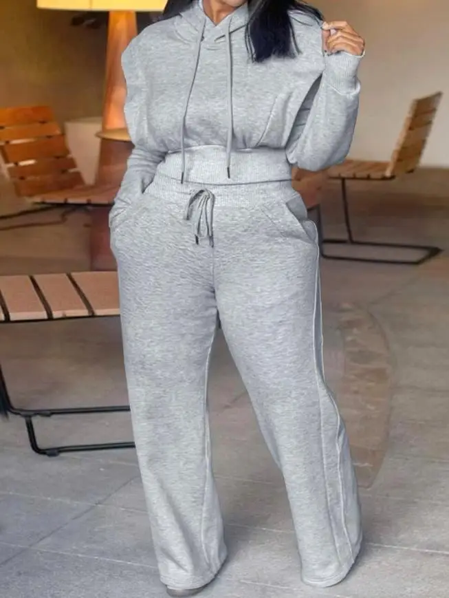 

Solid Color Hooded Long Sleeved Sports Sweatshirt and Lace Up High Waisted Straight Leg Pants Set for Autumn Women's Sports Suit