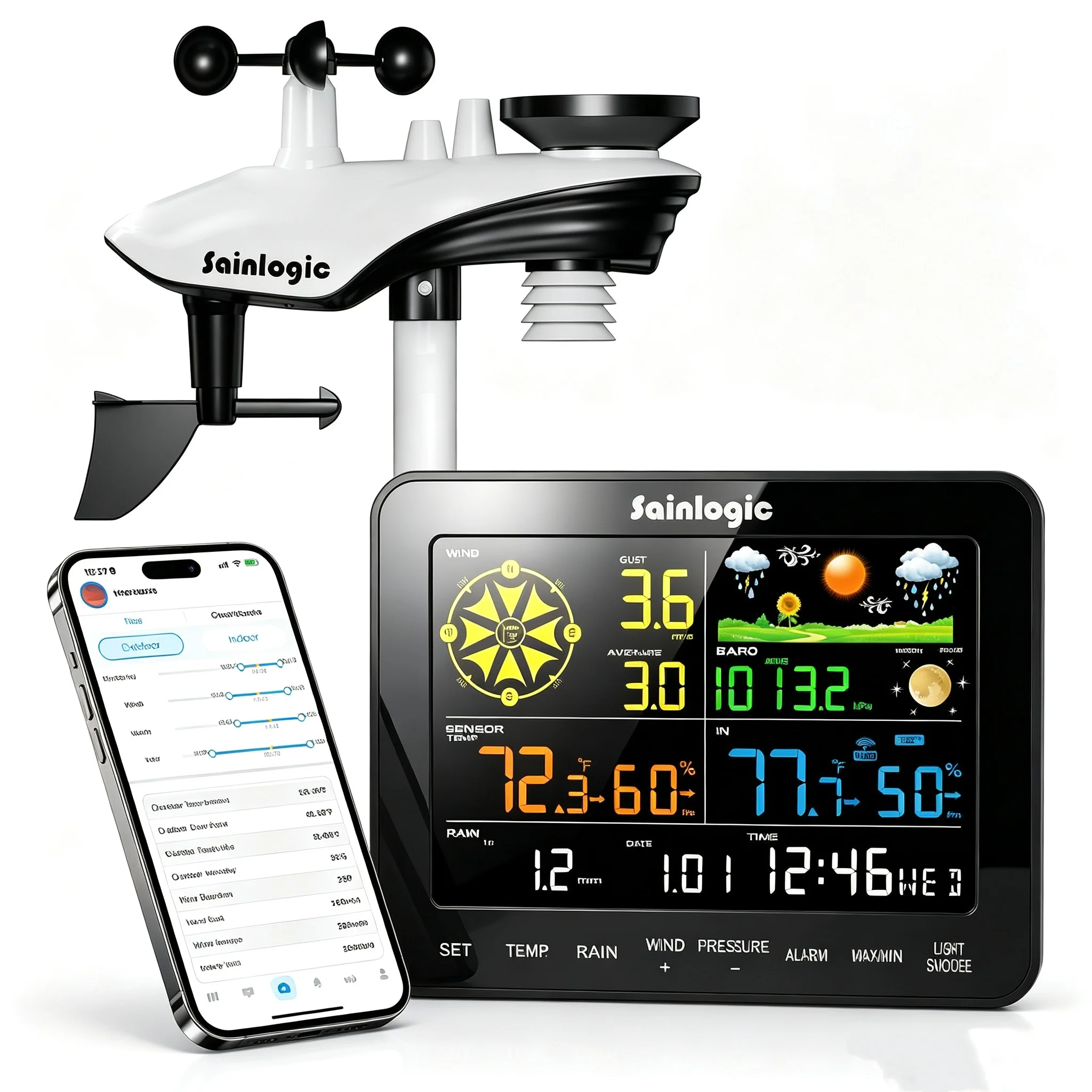 Sainlogic 12-in-1 WiFi Weather Station, 2.4GHz, AI Weather Forecast, App Alert, Rain Gauge, Wind Speed, 2-Year Data Storage