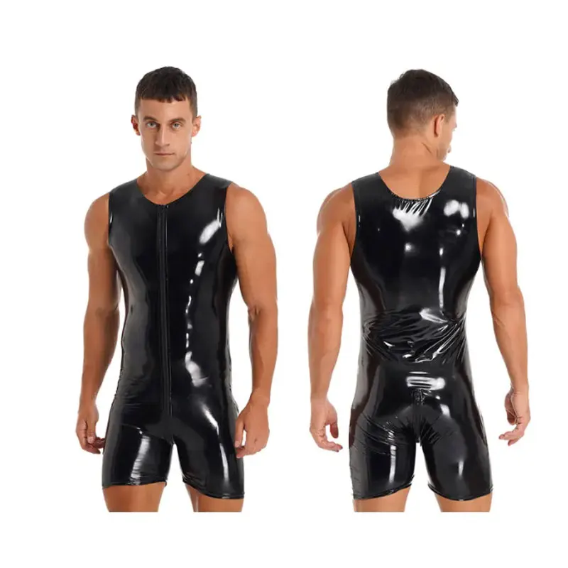 

Handmade Sexy Men tight fitting latex tight fitting jumpsuit sleeveless zippered shorts jumpsuit