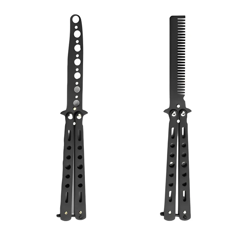 Hot Butterfly Knife Comb Foldable Comb Stainless Steel Practice Training Beard Moustache Brushe Salon Hairdressing Styling Tool