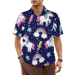 Hawaiian Shirt Vacation Cute Unicorn Cartoon Blouses Rainbow Star Thunder Vintage Casual Shirts Men Short-Sleeve Plus Size Top