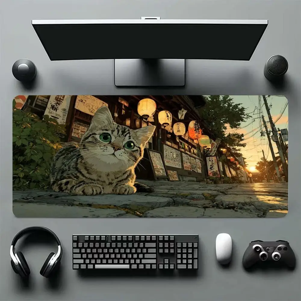 Cute cat crawling on the roadside pattern, large rubber anti slip mouse pad,computer desktoppad, laptop keyboard, PC accessories