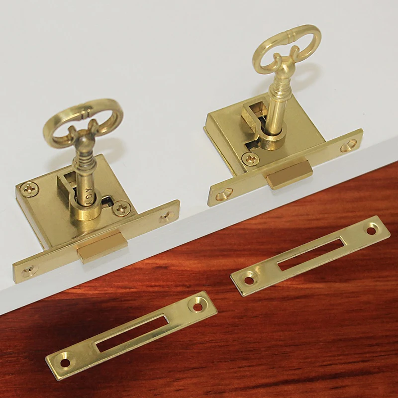 European Antique 2PCS Pure Brass Drawer Cabinet Locks Cupboard Locker File Cabinet Locks Hidden Wood Furniture Locks+Key+Screws