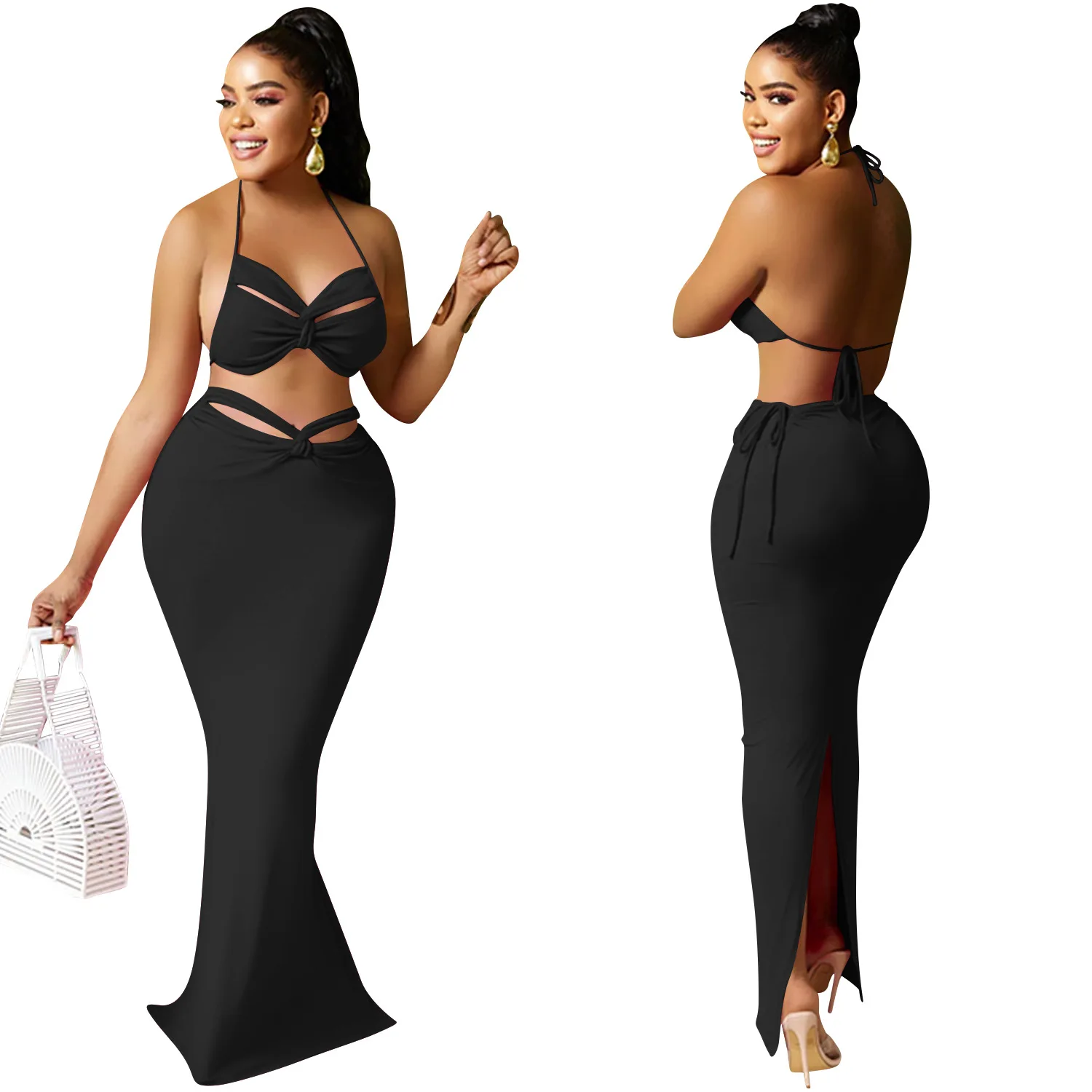 Sexy Summer Skirt Two Piece Set Women Dress Strapless Cross Lace Up Bra Top Split Maxi Skirts Outfit Party Club Matching Sets
