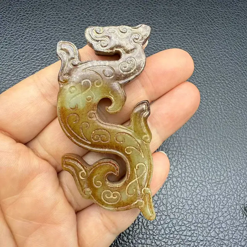Archaic Jade Double Dragon Bi Disc Pendant Amulet Carved Phoenix Bird Ancient Dragon Jade Chinese Jewelry Auspicious Clasp