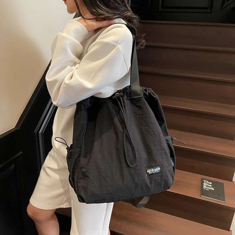 Fashion Drawstring Backpack Women Large Capacity Nylon Shoulder Bag Multi-functional Shopper Bucket for Travelling Cabin Ladies