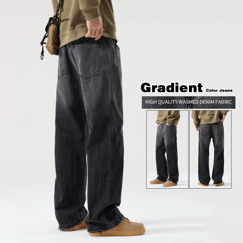 

Non-deformed Men Gradient Color Jeans Versatile Zipper Style Solid Color for Casual Retro Denim Pants Washed Straight Tube Men's