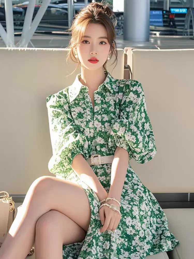 Nuova primavera verde abito floreale estate donna moda risvolto manica lunga a-line camicia casual abiti divisi mini abiti con cintura