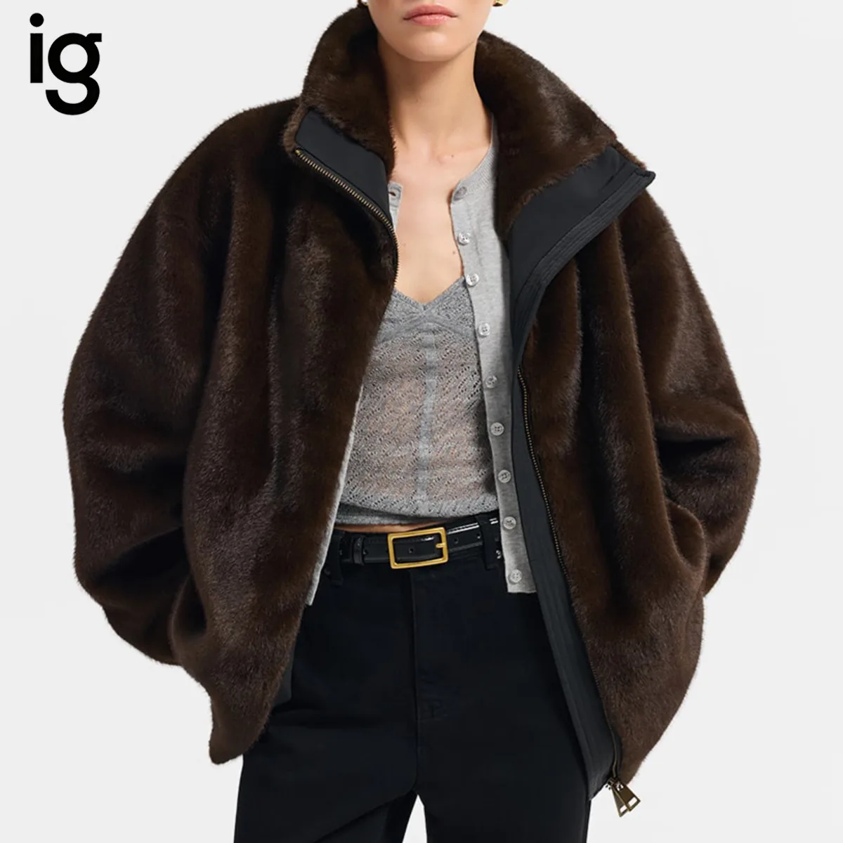 IG Women  Faux Fur Stand Collar Full Zip Mid-Length Jacket, Elastic Hem Side Pockets, Winter Warm Vintage Casual  Outerwear