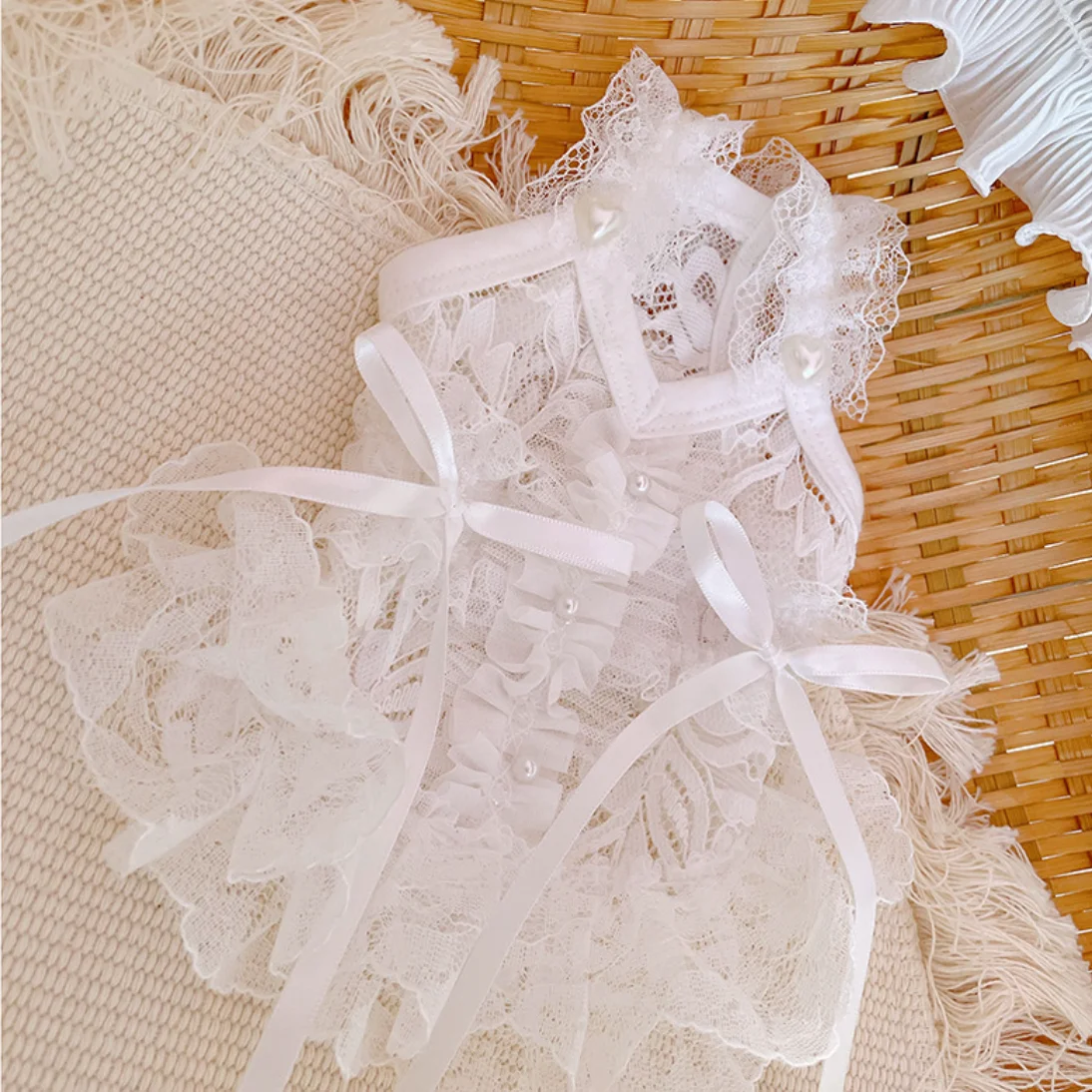 

Ultra-thin Breathable White Lace Dog Wedding Dress with Pearls & Bows - Luxury Pet Bridal Gown for Small Dogs Yorkie Chihuahua