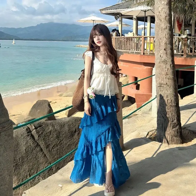 Vintage Summer 2 Piece Set Women Low Cut Embroidered Lace Crop Top Bright Blue Ruffle Slit Long Skirt Slim Fit Vacation 2026