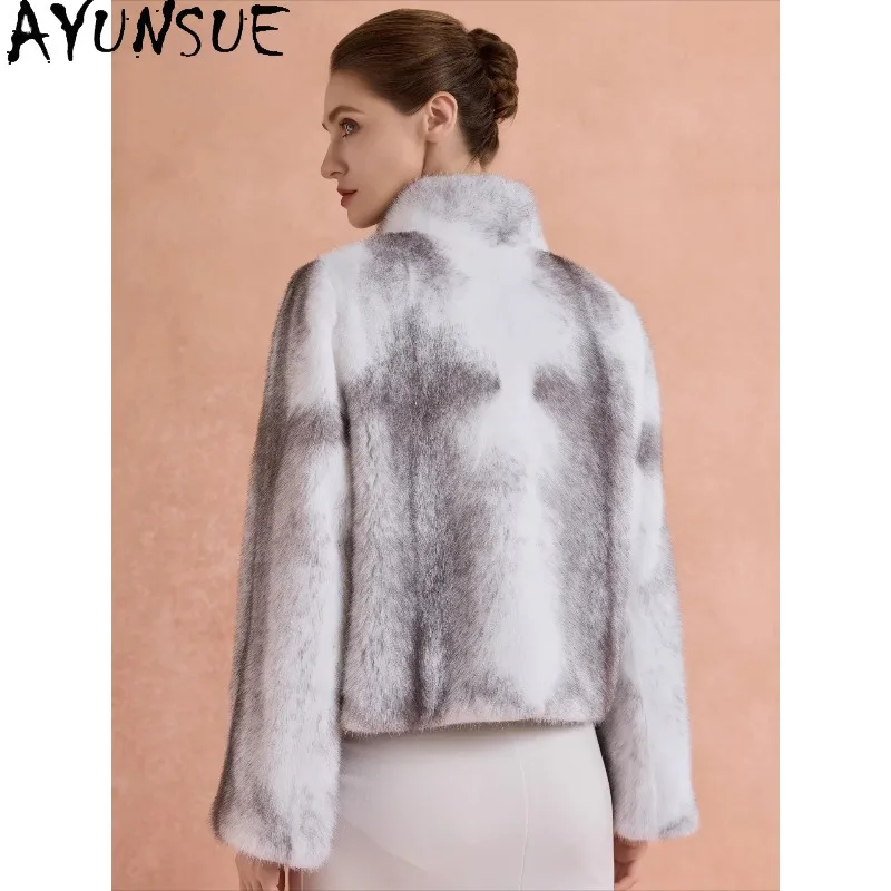 AYUNSUE 여성용 전체 밍크 퍼 코트 럭셔리 퍼 재킷 스탠드 칼라 퍼 코트 여성 의류 겨울 신상 아우터웨어