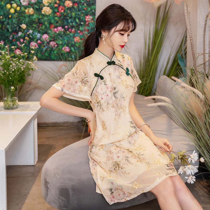 

Women' Elegant Chinese Traditional Short Sleeve Qipao Dress Modern New Style Summer Improved Chiffon Cheongsam CNY