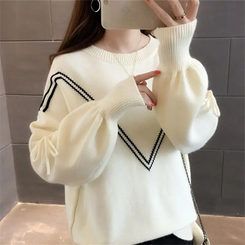 All-match Women\'s Clothing Round Neck Pullover Solid Color Sweater Knitted Long Sleeve Bandage Office Lady Vintage Sweet Tops