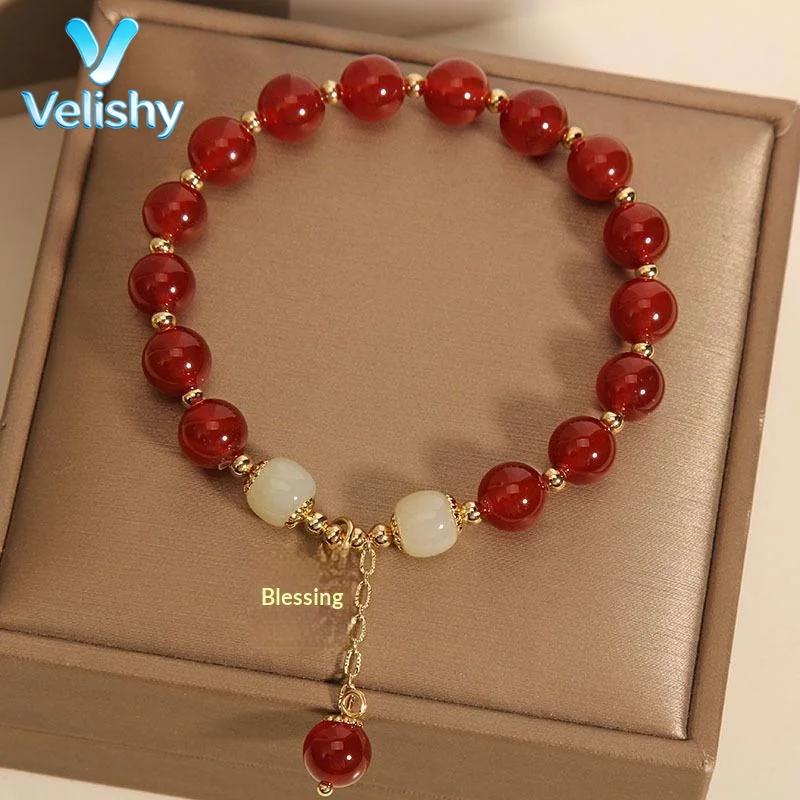 Natural Jade Beads Bracelet 1Pcs Red Gemstone Jewelry Lucky Talisman for Protection and Daily Outfits