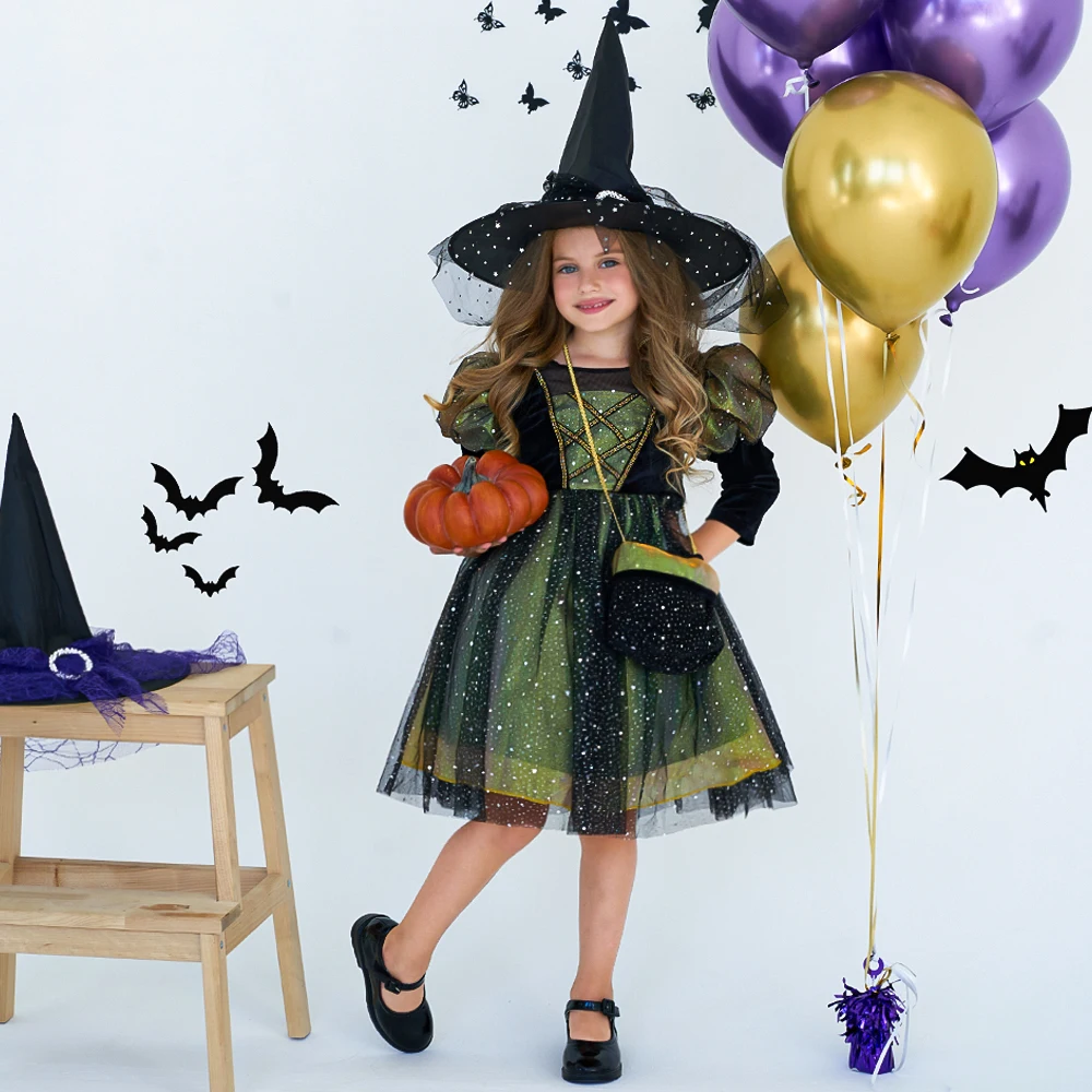 

Sequin Halloween Costumes for Girls Gothic Carnival Birthday Party Princess Prom Dresses Long Sleeve Cosplay Tulle Kids Clothing