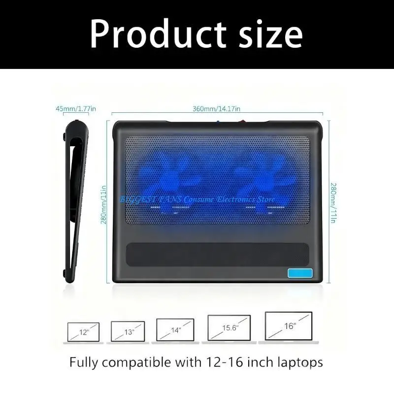 وسادة تبريد بارتفاع قابل للتعديل مع محاور USB مزدوجة لأجهزة الكمبيوتر المحمول مقاس 12-16 بوصة
