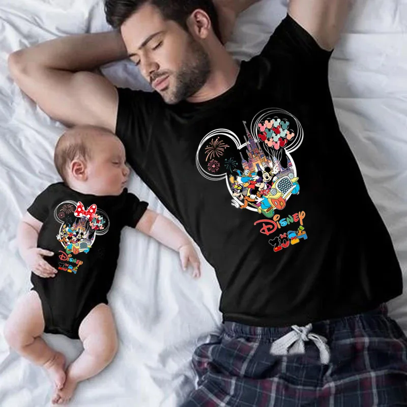 2024 Summer Vacation Style Family Matching Outfis Cute Disney Trip Family Clothing Cotton Tshirt Mother Father Kids Matching Tee