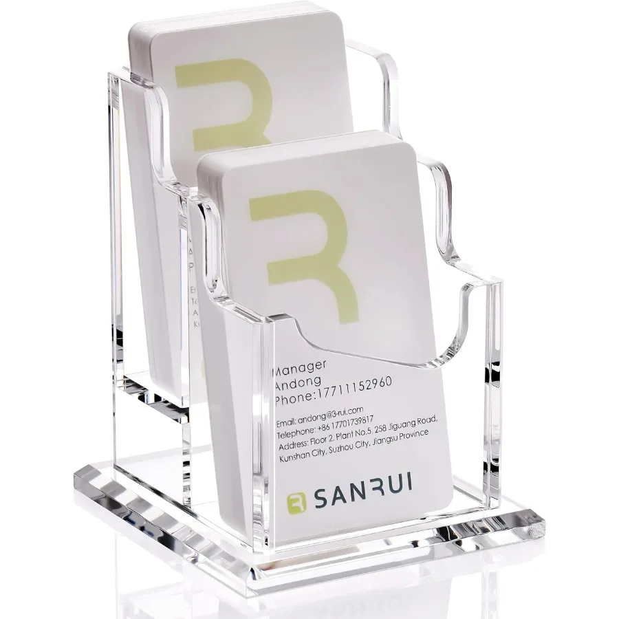 حامل بطاقات عمل عمودي من الأكريليك من SANRUI للمكتب 2 طبقة حامل عرض شفاف مع 2 أوعية تحمل 100 بطاقة حامل بطاقات Clear me #1