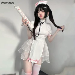 Kawaii Lolita Women Halloween Dresses Nurse Maid Cosplay Costumes Sexy Lingerie Mesh Mini Dress Role Play Backless Uniform Set