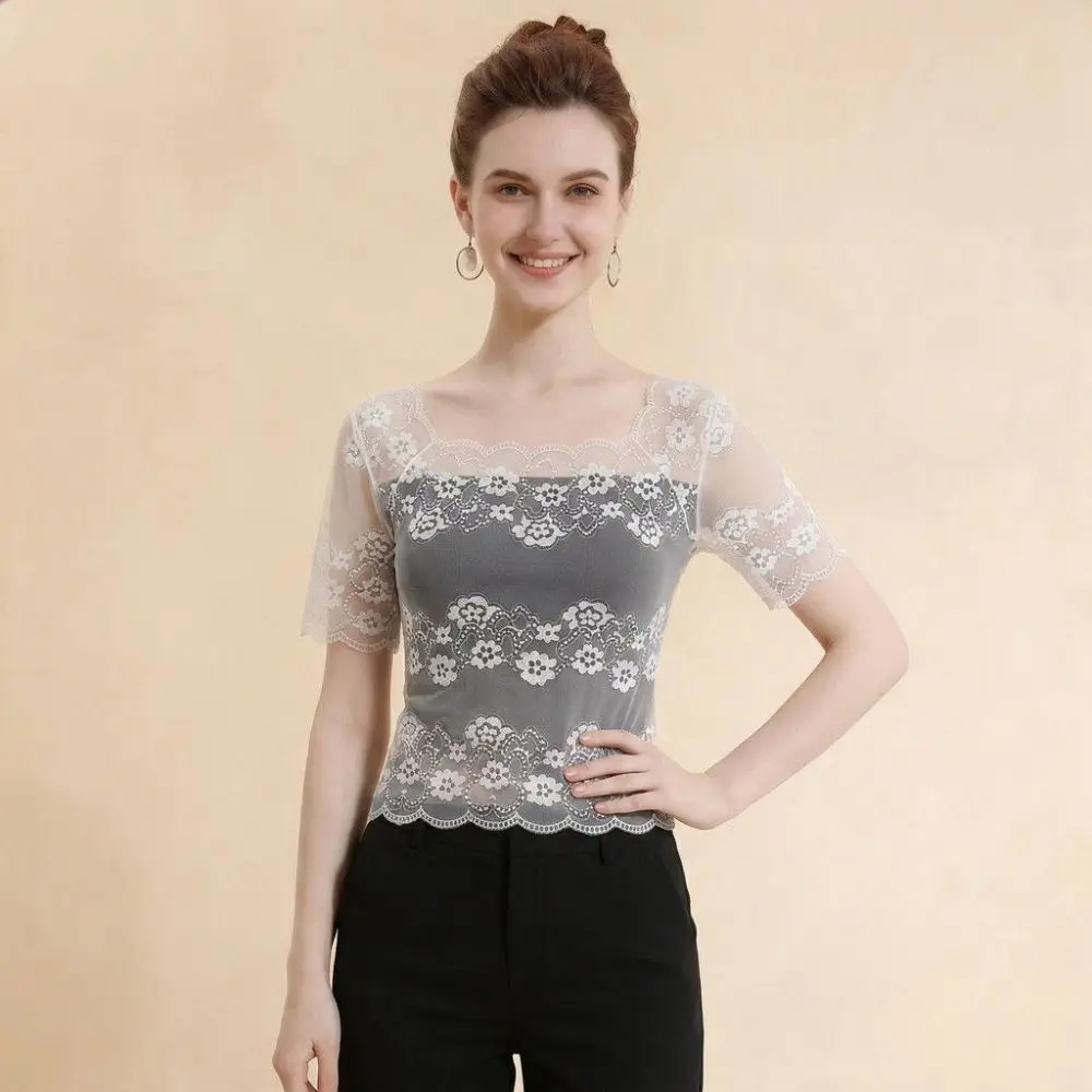 Cool Nylon Lace Short Sleeve Top Short Sleeve Breathable Hollow Out Layering Tee Thin Light Fabric Sheer Mesh Blouse Women
