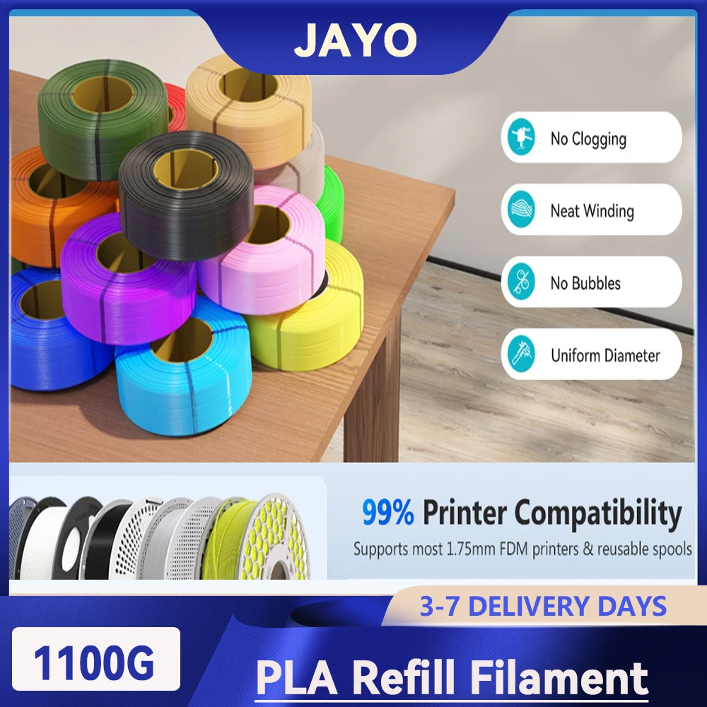 JAYO 3D PLA Nachfüllpack 3D-Drucker Filament 1,1kg Wiederverwendbare Spule zum Nachfüllen für Bambu Lab mit Geringer Verformung Passend für die Meisten Wiederverwendbaren Spulen