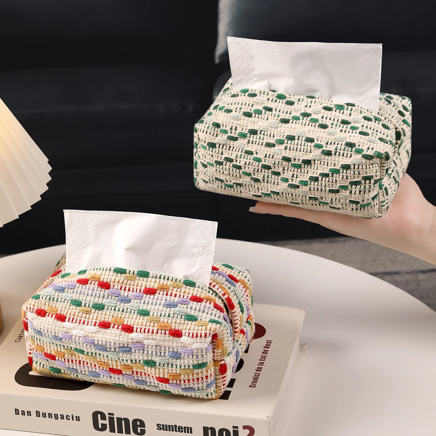 Tissue Box Cover Decor Toilet Paper Storage Green Napkin Holder for Desk Living Room Vanity Office Car Rectangle Fabric