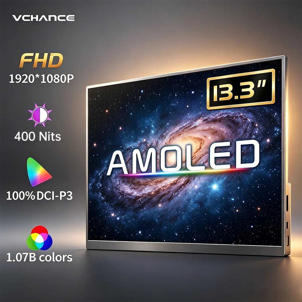 13,3 Zoll OLED Tragbarer Monitor AMOLED-Panel 100% DCI-P3 Ein-Kabel-USB-C Reise-Display für unterwegs für PC Laptop Mac Win Spiele