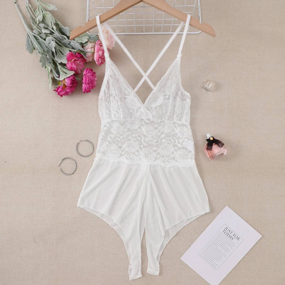 Transparent White Sexy Lingerie Women\'s Underwear Open Crotch Sleepwear Lace Nightdress Bodysuits Female Nighty Baby Doll