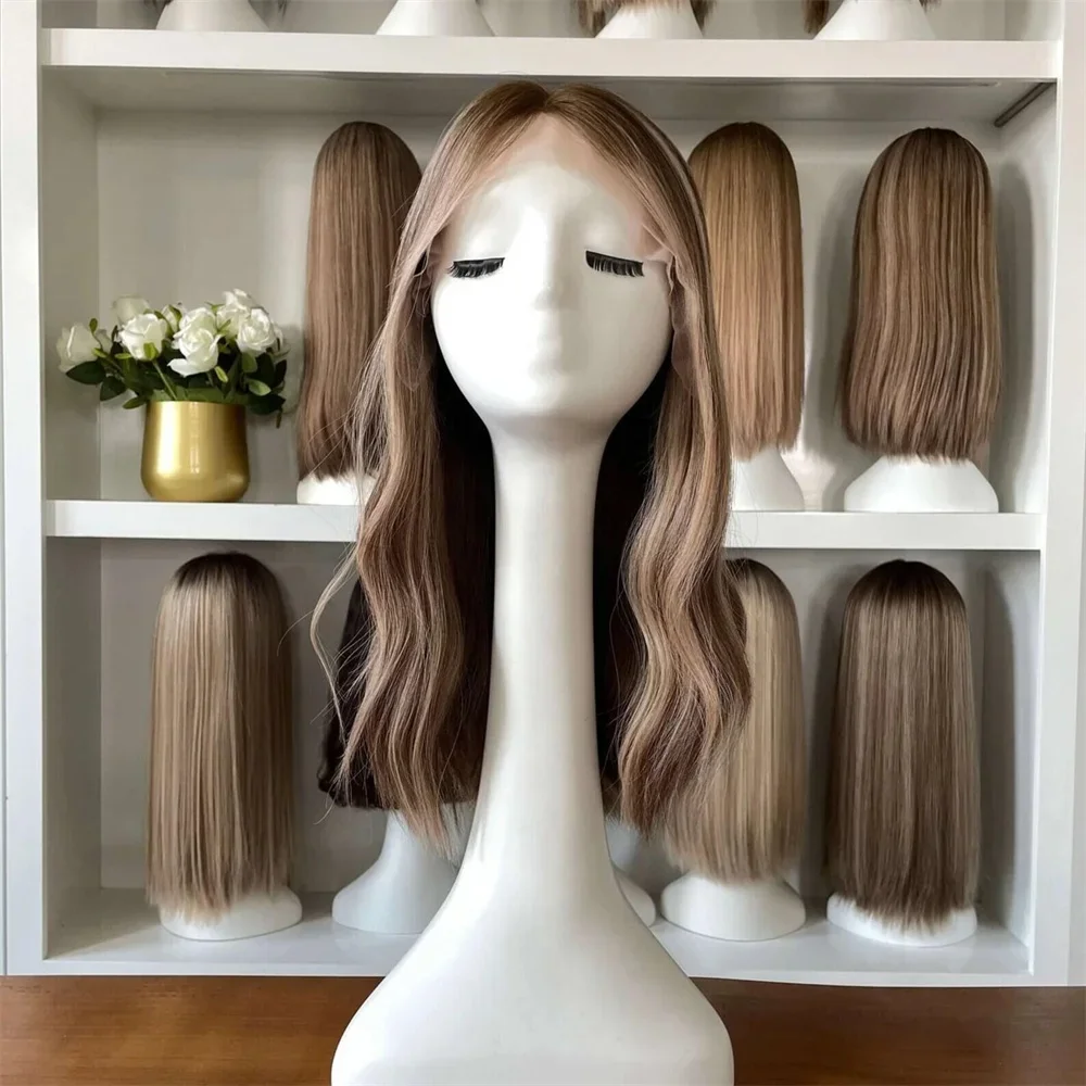 

Натуральные еврейские волосы Highlight Brown, без клея, мягкие, длинные, с эффектом волн, 5x5, на шелковой основе, с HD-кружевом, европейские волосы, с baby hair, предварительно выщипанные