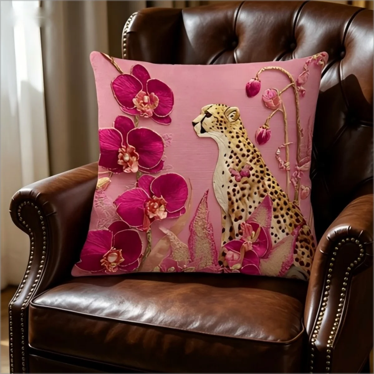 Rosa Gepardenorchidee Kissenbezug 2D-Druck Tropische Wildtier-Motiv Kissenhülle für Sofa Bett Couch Luxuriöse Boho Heimdekoration