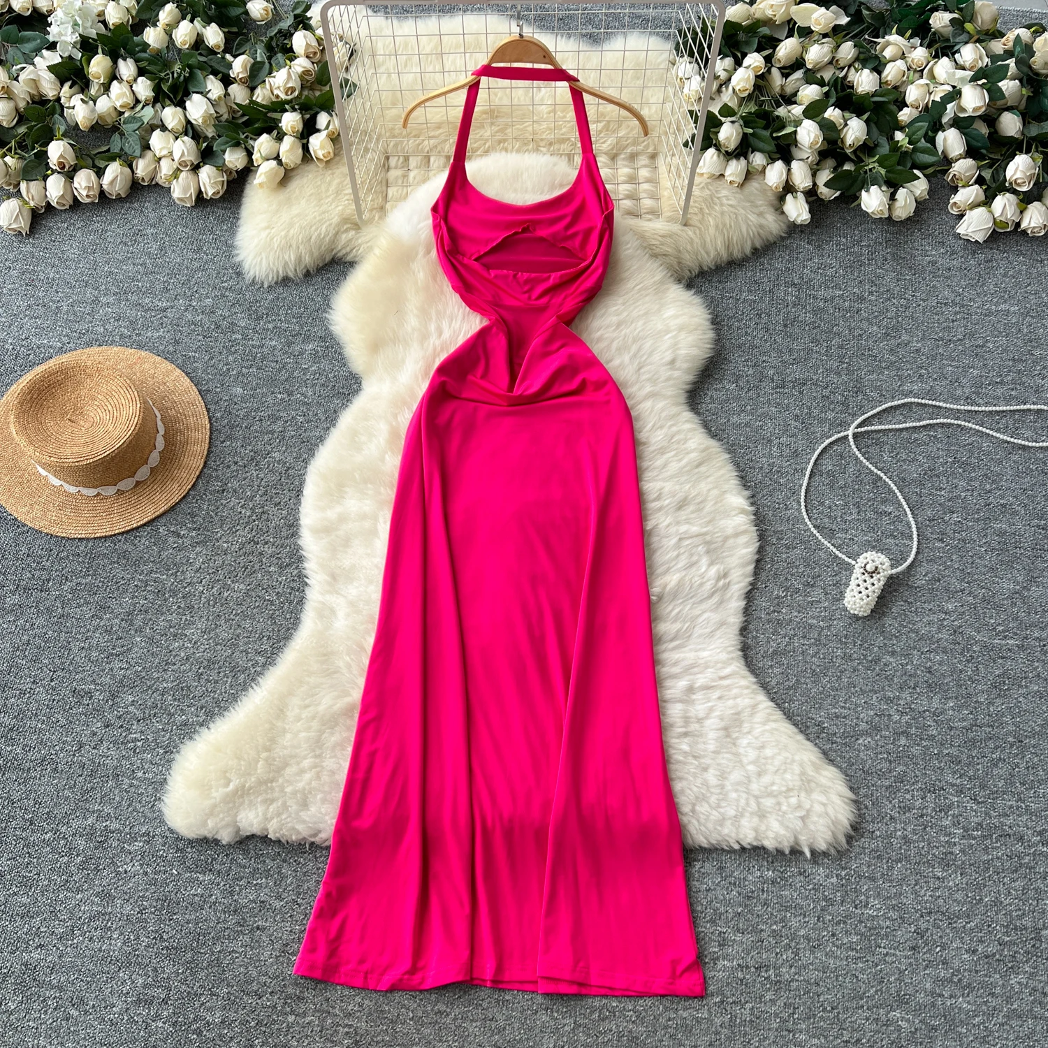 Chic vintage sexy halter backless solido sottile Elegante fata moda coreana Boho Sundress abbigliamento donna Abito lungo