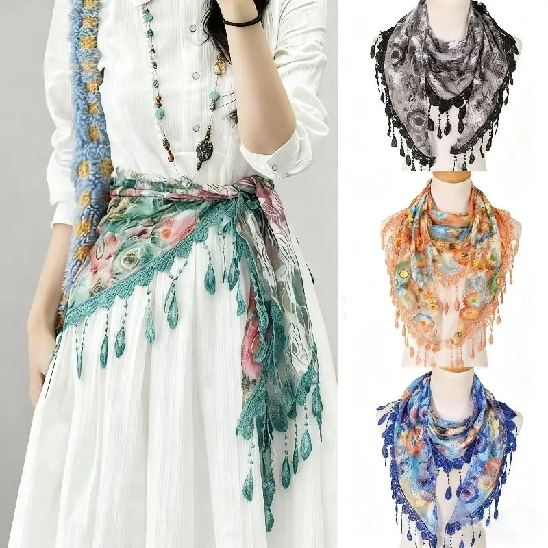 

New Muslim Head Wrap Lace Tassel Triangle Scarf Women Flower Shawl Elegant Breathable Wedding French Beach Style Hair Tie