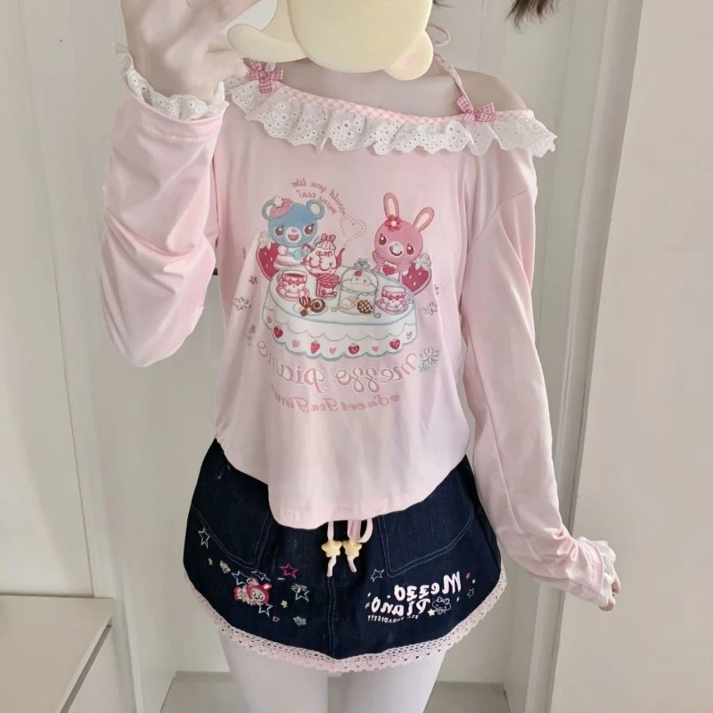 T-shirt col licou imprimé de dessin animé pour filles japonaises, Harajuku Grunge Kawaii, t-shirts amples mignons pour femmes Y2k, hauts en dentelle esthétique Patchwork