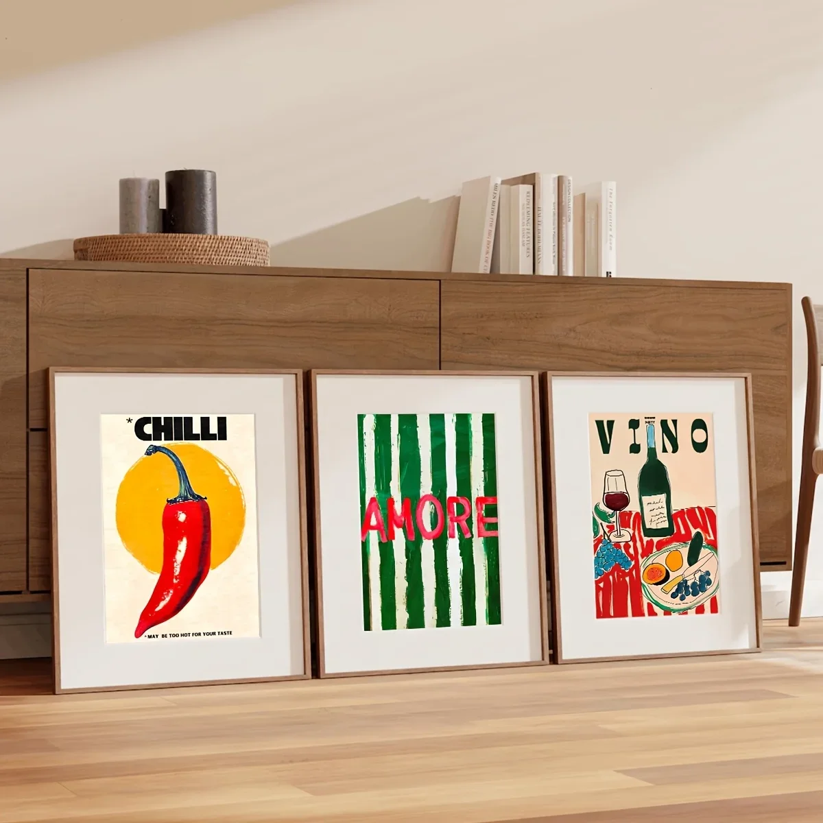 3pcs/Set Vintage Kitchen Canvas Wall Decor, Red Chili Wall Art, Green Striped Amore Art Print, Vino Print, Dopamine Decor, Su