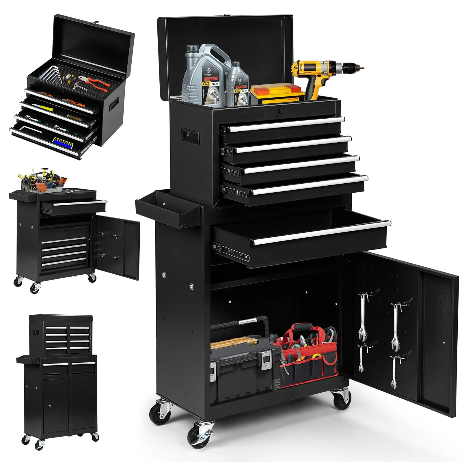 5-Drawer Rolling Tool Chest, Detachable Top Tool Box, Lockable Metal Tool Cabinet with Wheels, Adjustable Shelf and
