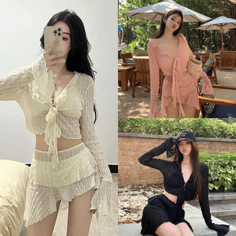 

Women's Bikini Set Long Sleeve Cover Up V Neck Padded Top Ruffled Tiered Skirt Sexy Summer Beach Vacation Bathing Suit Swimwear